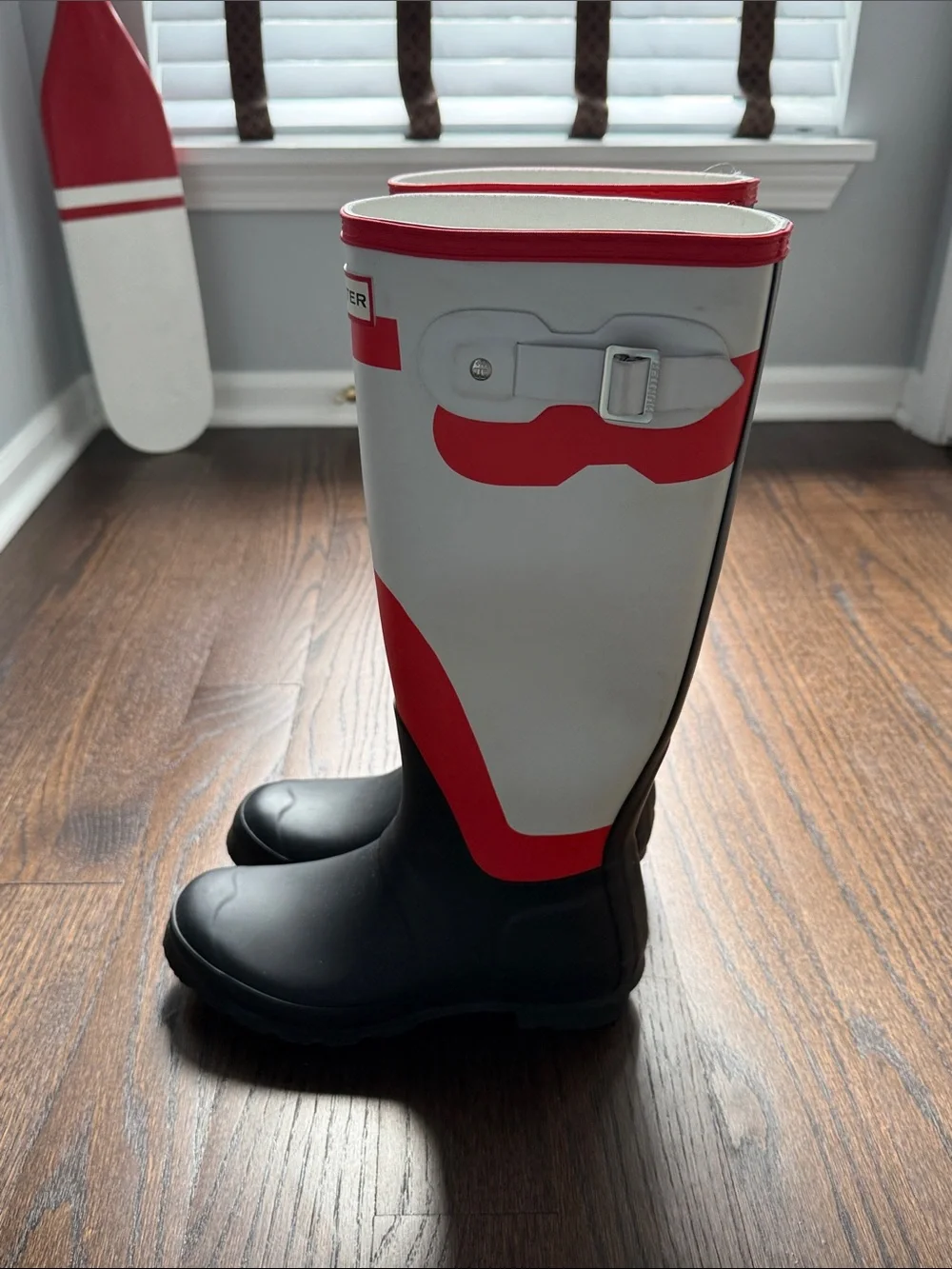 Hunter Tall Rain Boots in White, Red & Black - Picture 3 of 11